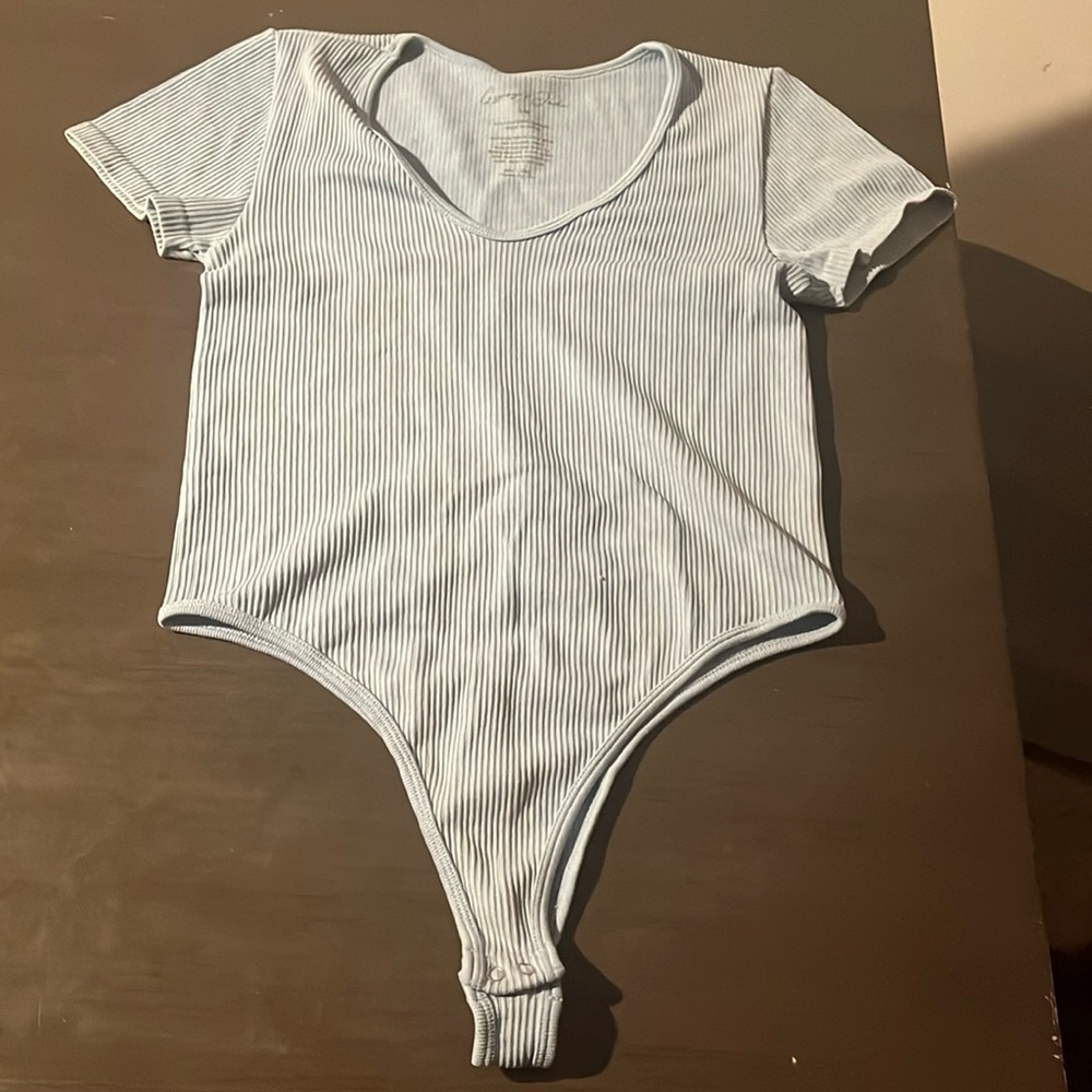 Baby blue, body suit, soft v-neck